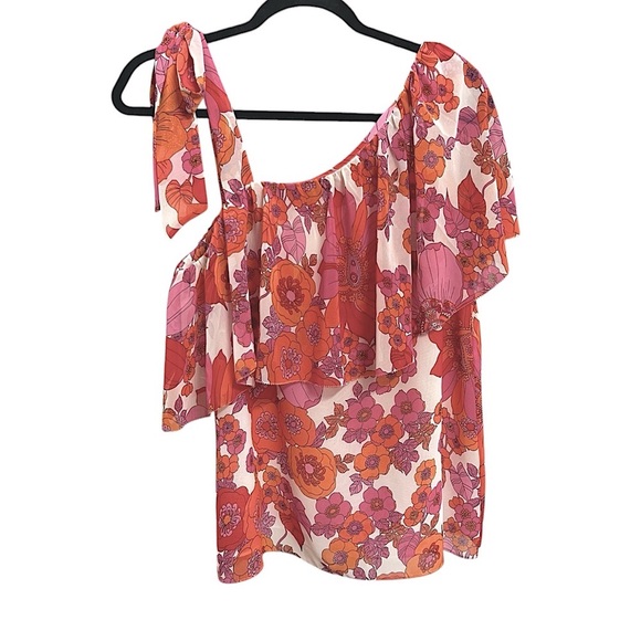 Trina Turk Pink Orange Floral One-Shoulder Ruffle Top - Picture 3 of 9